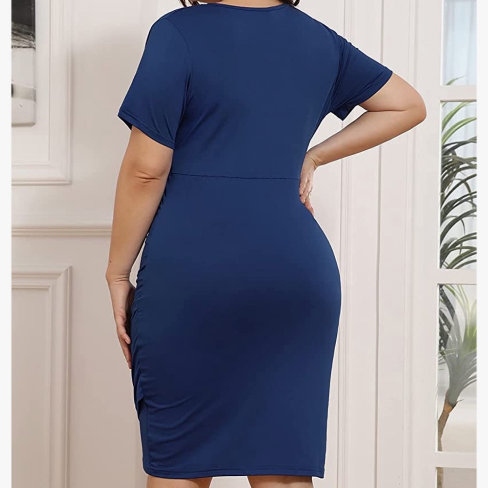 Plus Size Summer Dresses Ruched Short Sleeve Bodycon Wrap Dress Deep V Neck - Picture 5 of 6